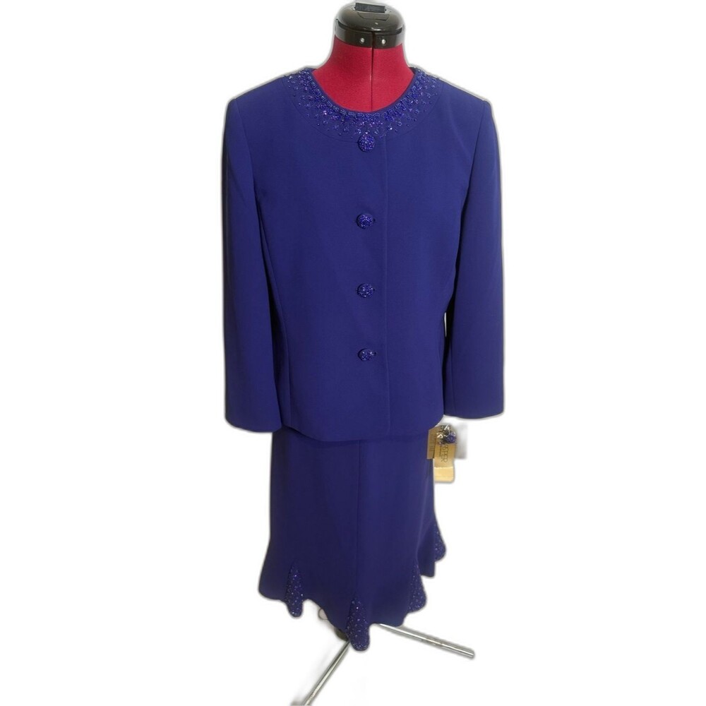 NWT Kasper Skirt Suit Size 10 Regal Purple 2-Piece Set Blazer & Skirt Beaded